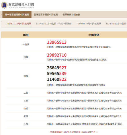 113年11-12月中獎號碼單