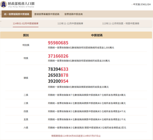 114年1-2月統一發票中獎號碼單 中文