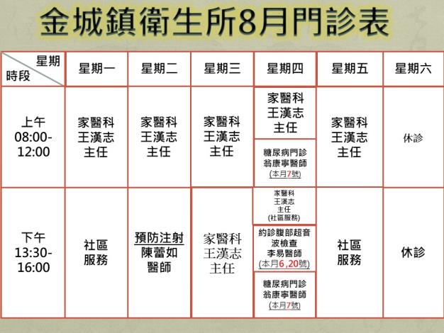 8月門診時刻表