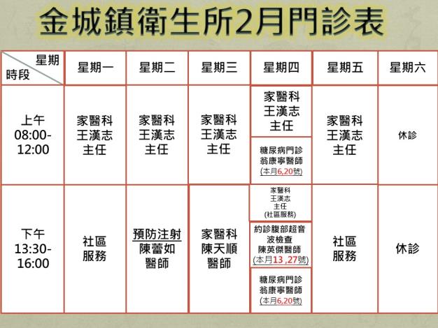2月份門診時刻表