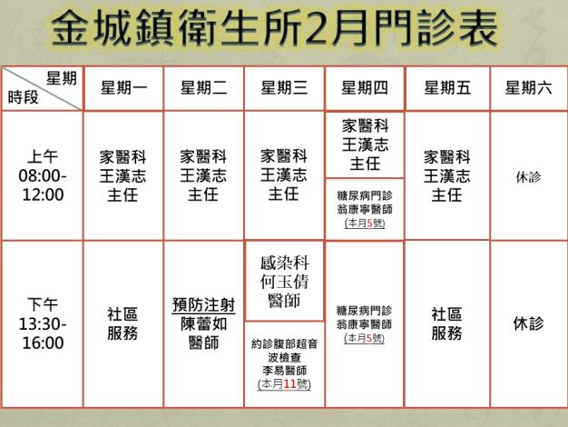 2月門診時刻表