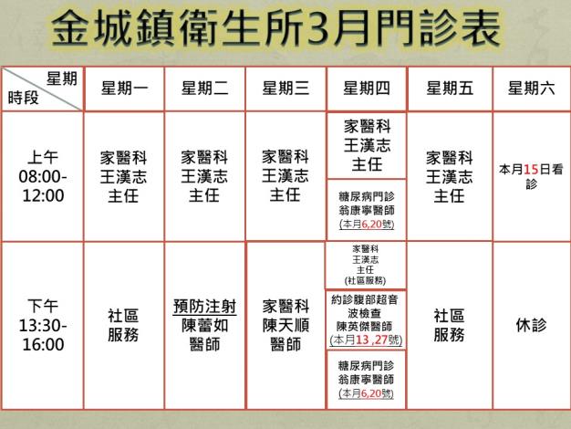 3月份門診時刻表