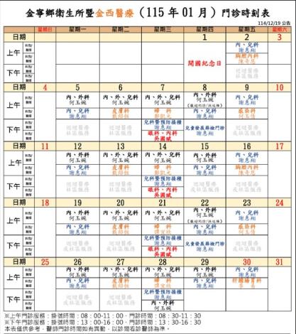 金寧鄉衛生所暨金西醫療門診時刻表11501.1