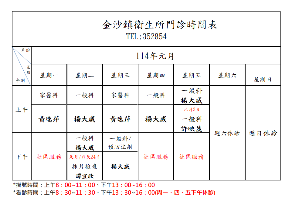 元月門診表