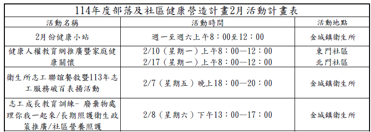 2月活動計畫表