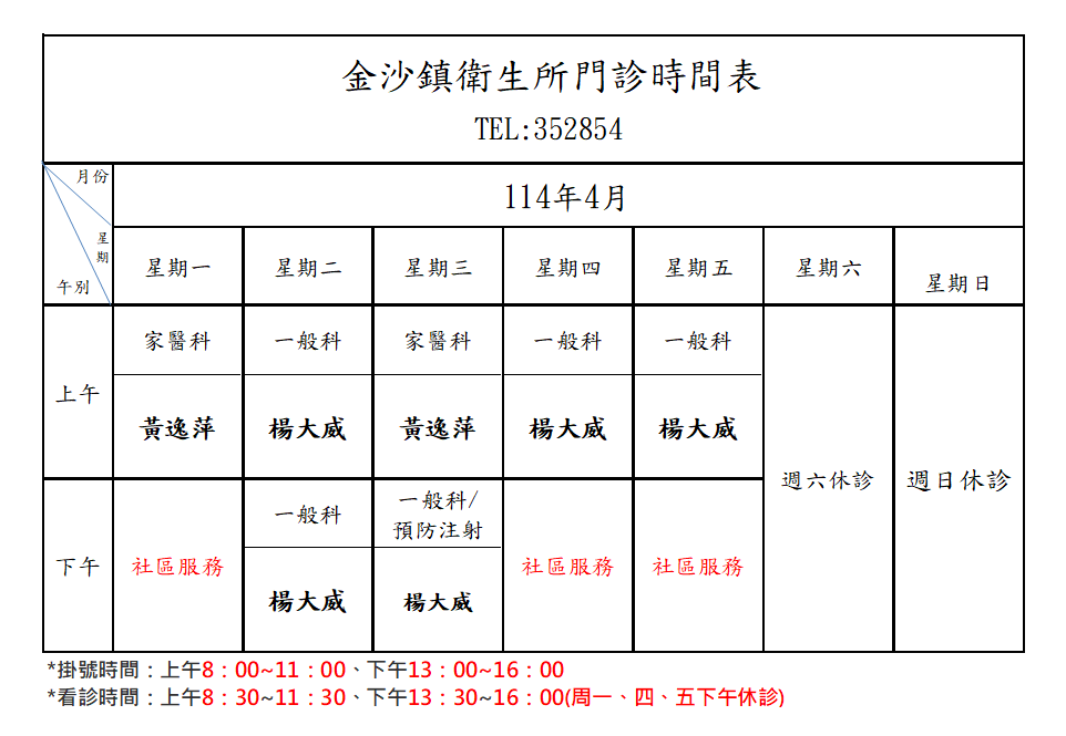 4月門診表